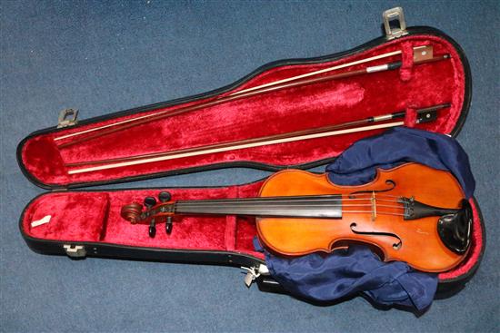 An early 20th century violin, with handwritten label stating made by J.K. Monk, Lewisham,